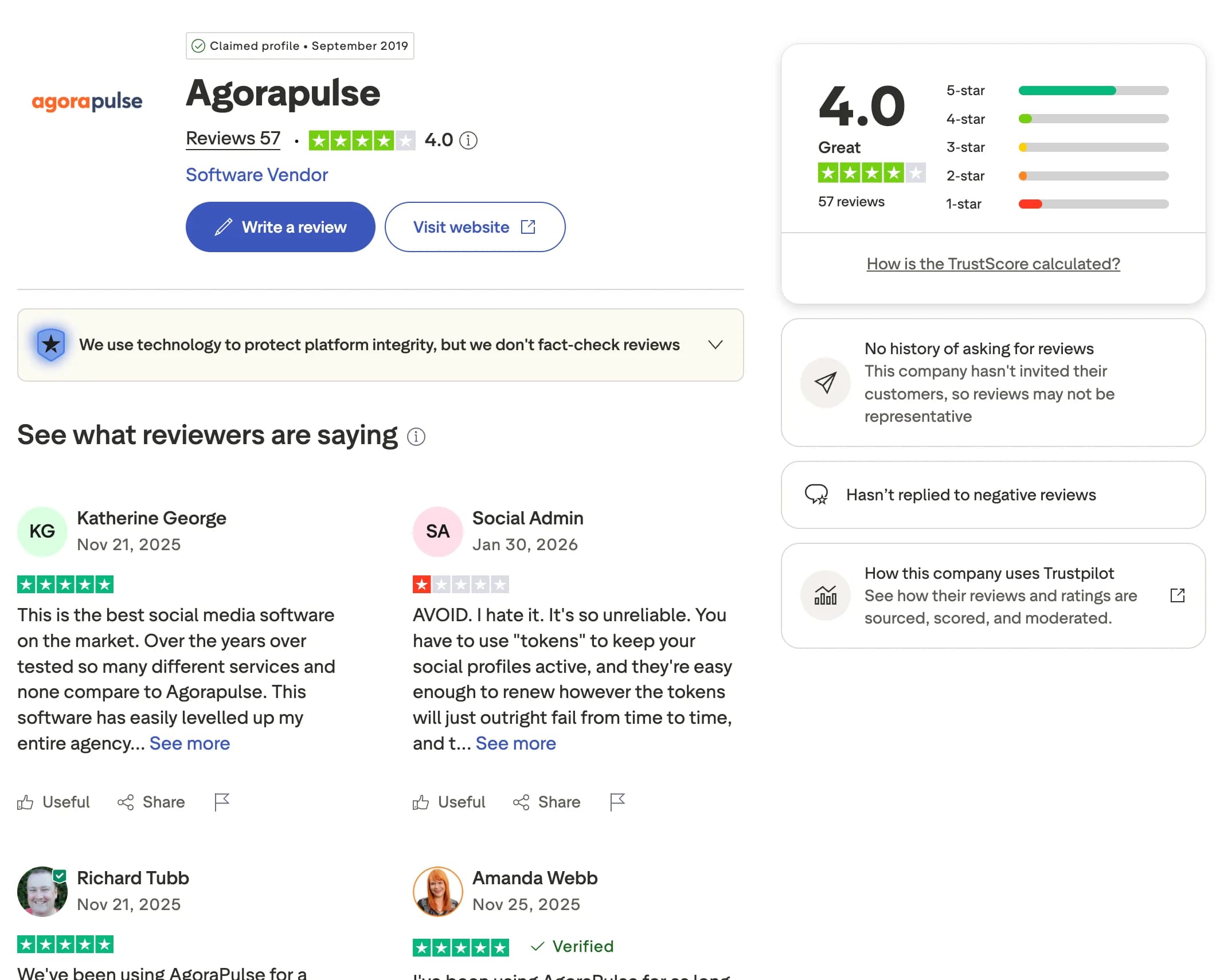 Agorapulse profile and reviews on Trustpilot