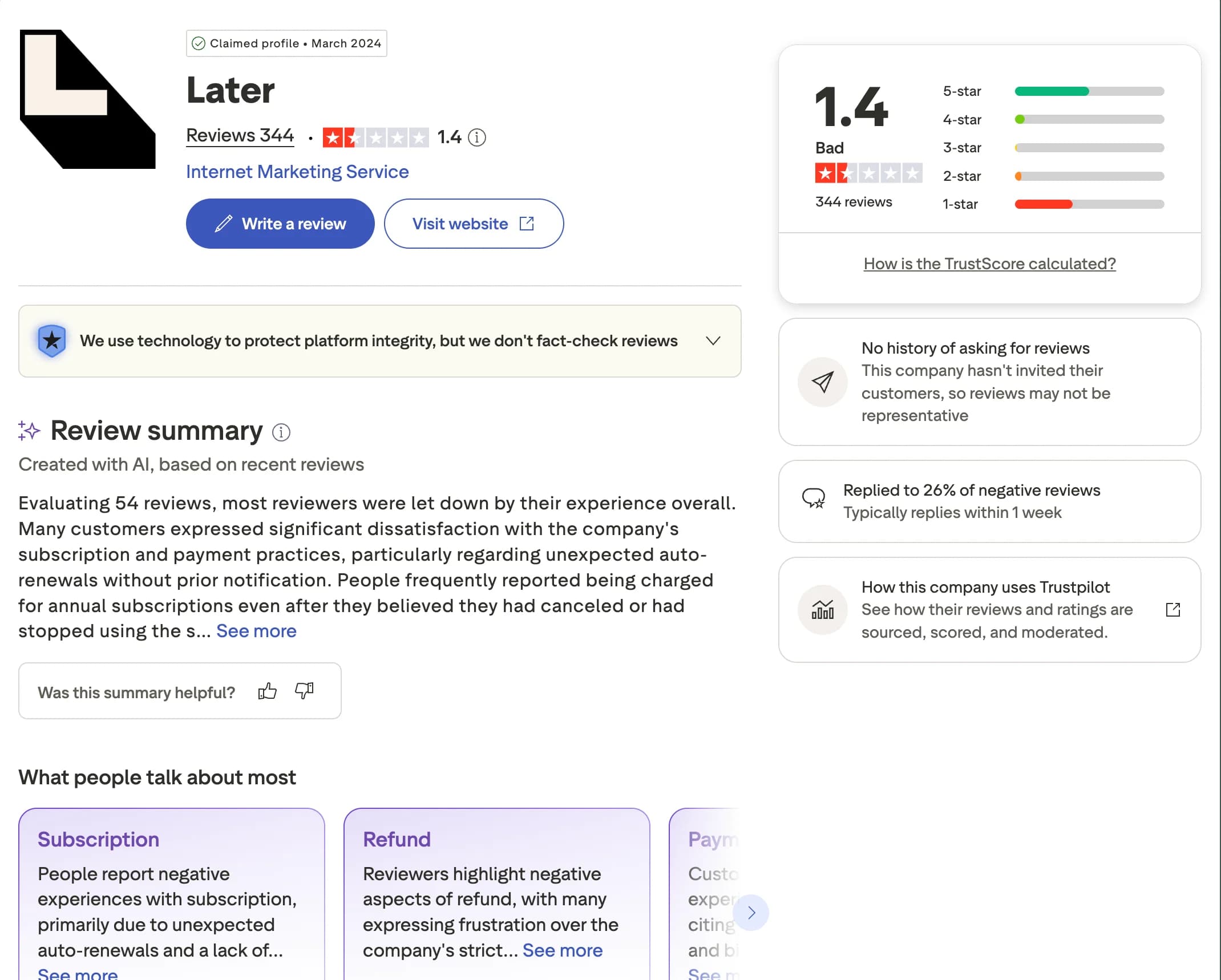 Later profile and reviews on Trustpilot