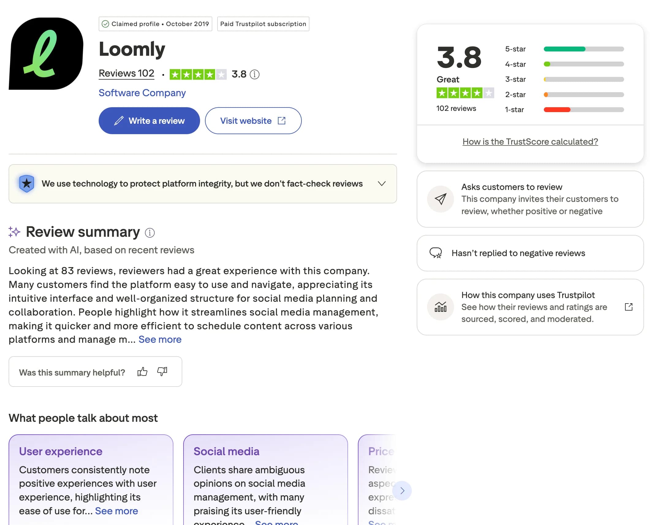 Loomly profile and reviews on Trustpilot