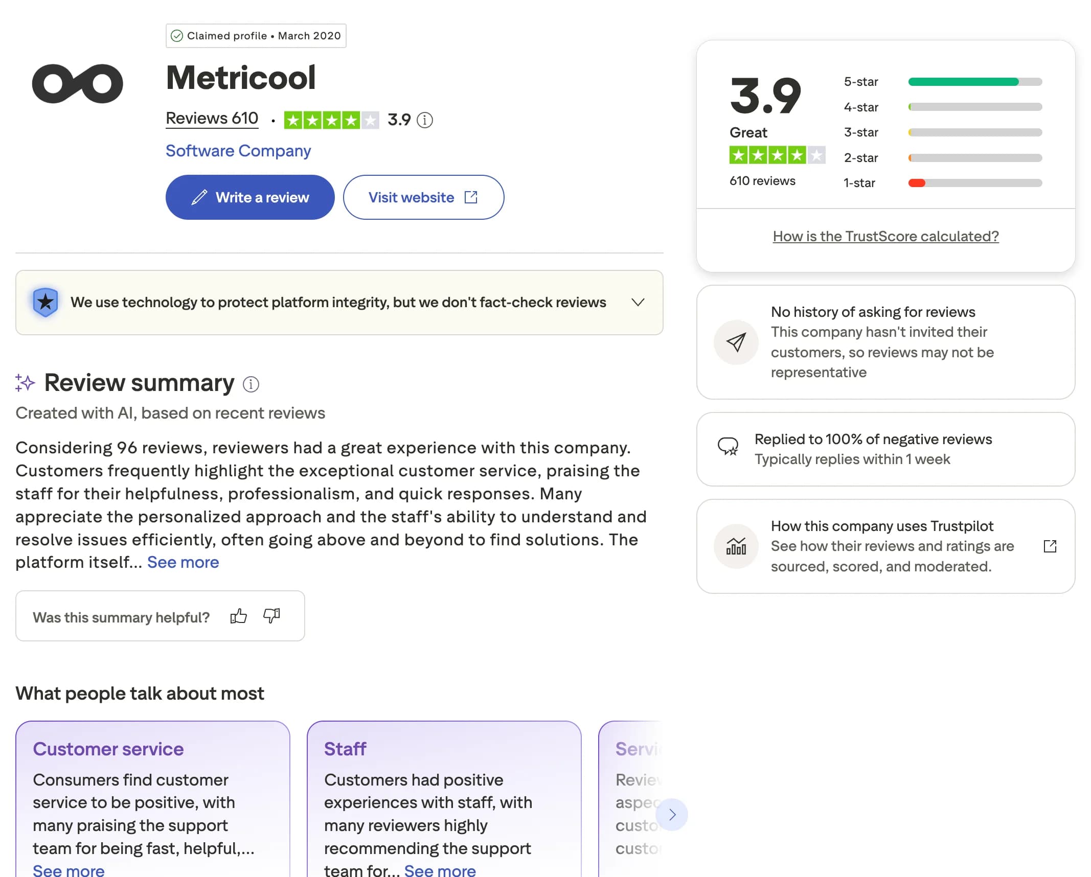 Metricool profile and reviews on Trustpilot