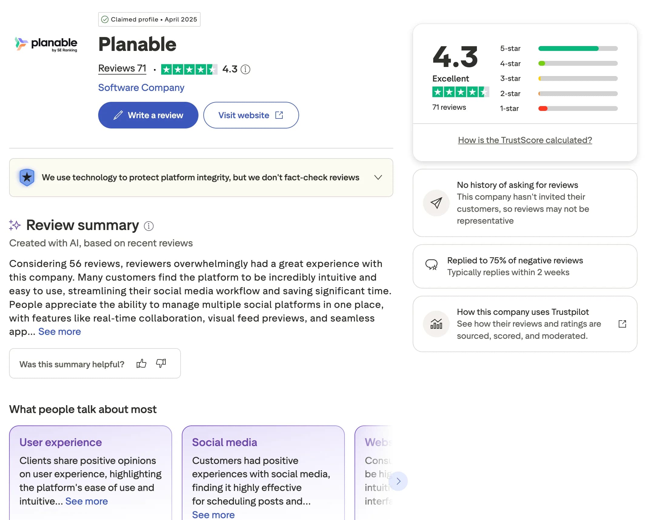 Planable profile and reviews on Trustpilot