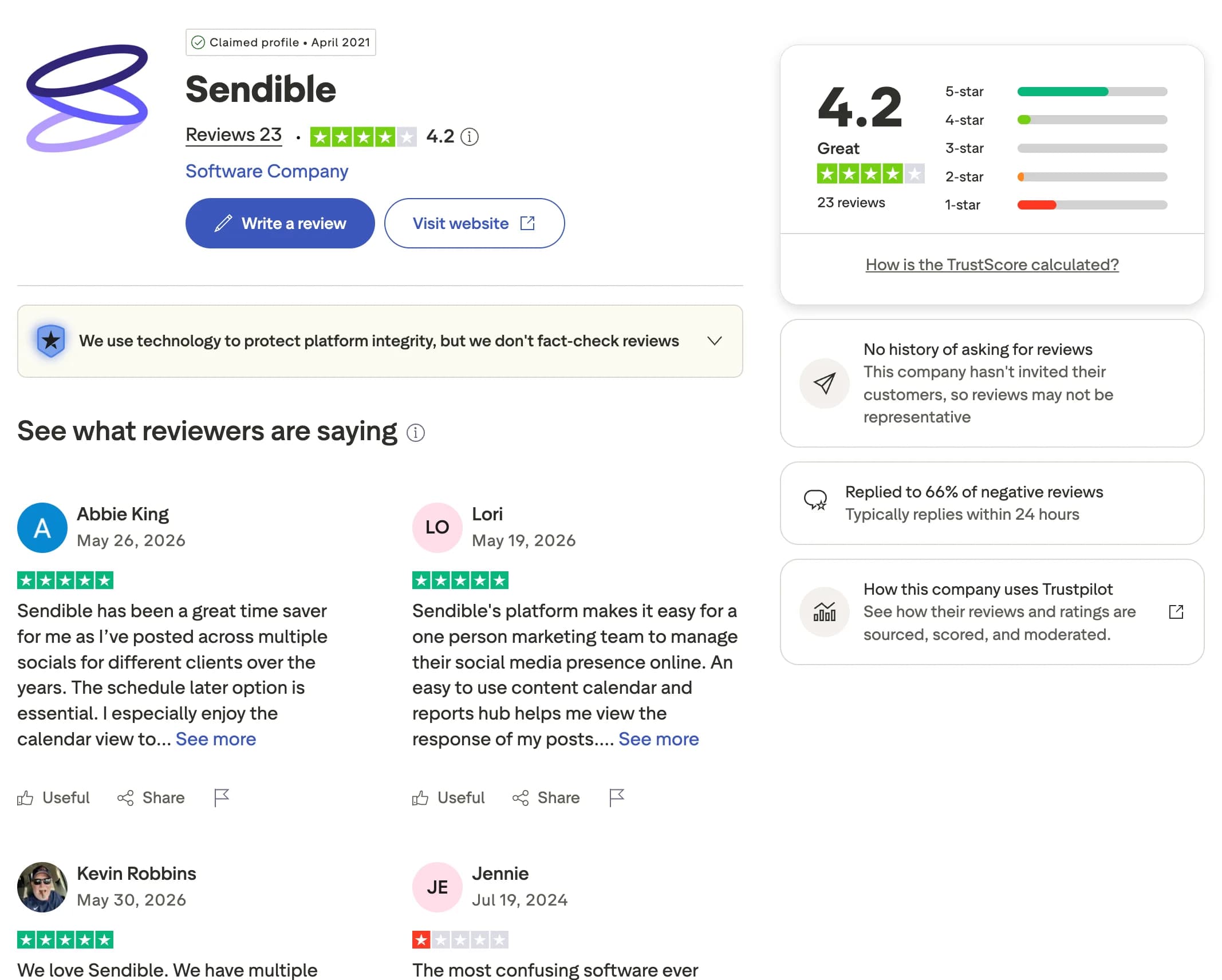 Sendible profile and reviews on Trustpilot