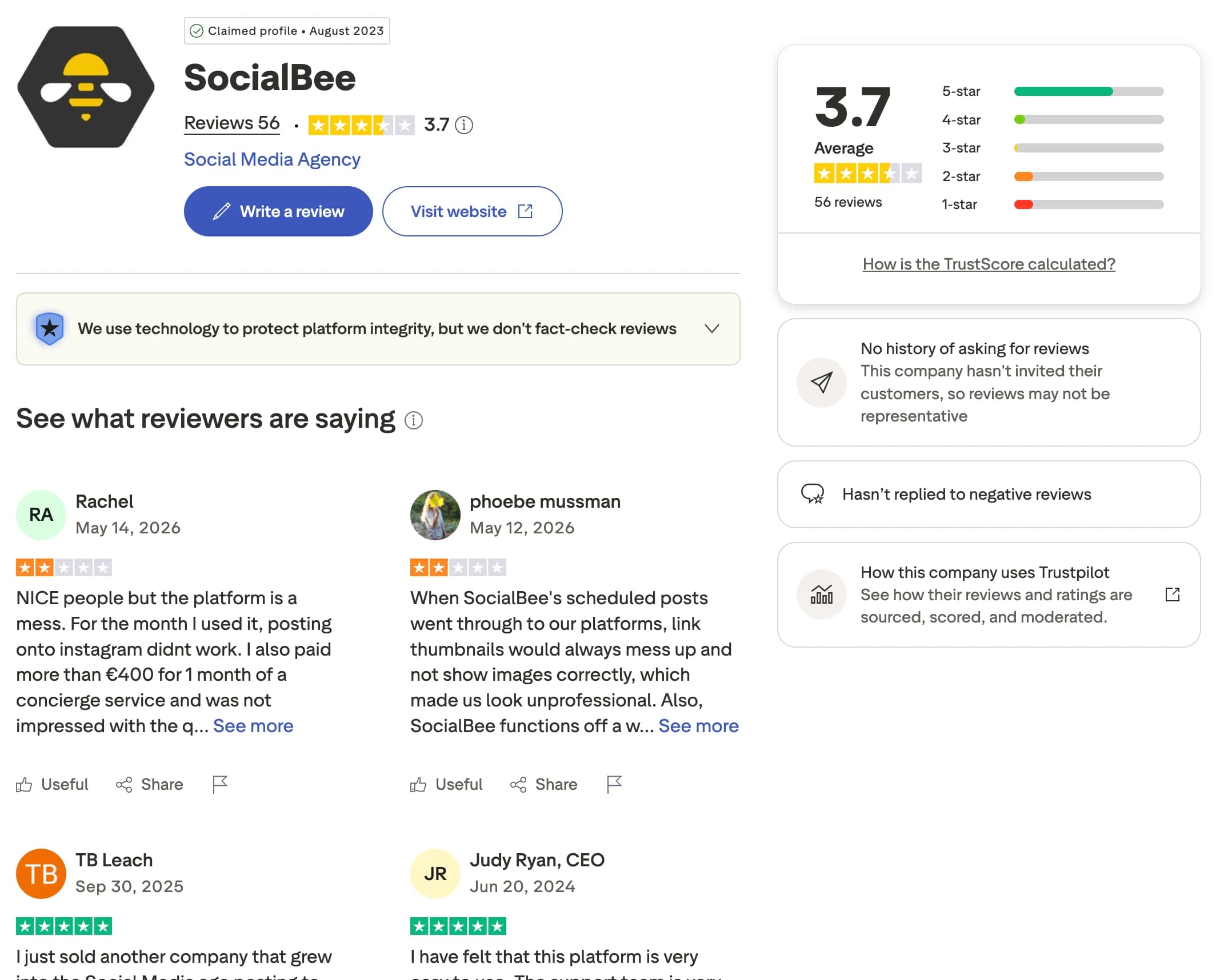 SocialBee profile and reviews on Trustpilot