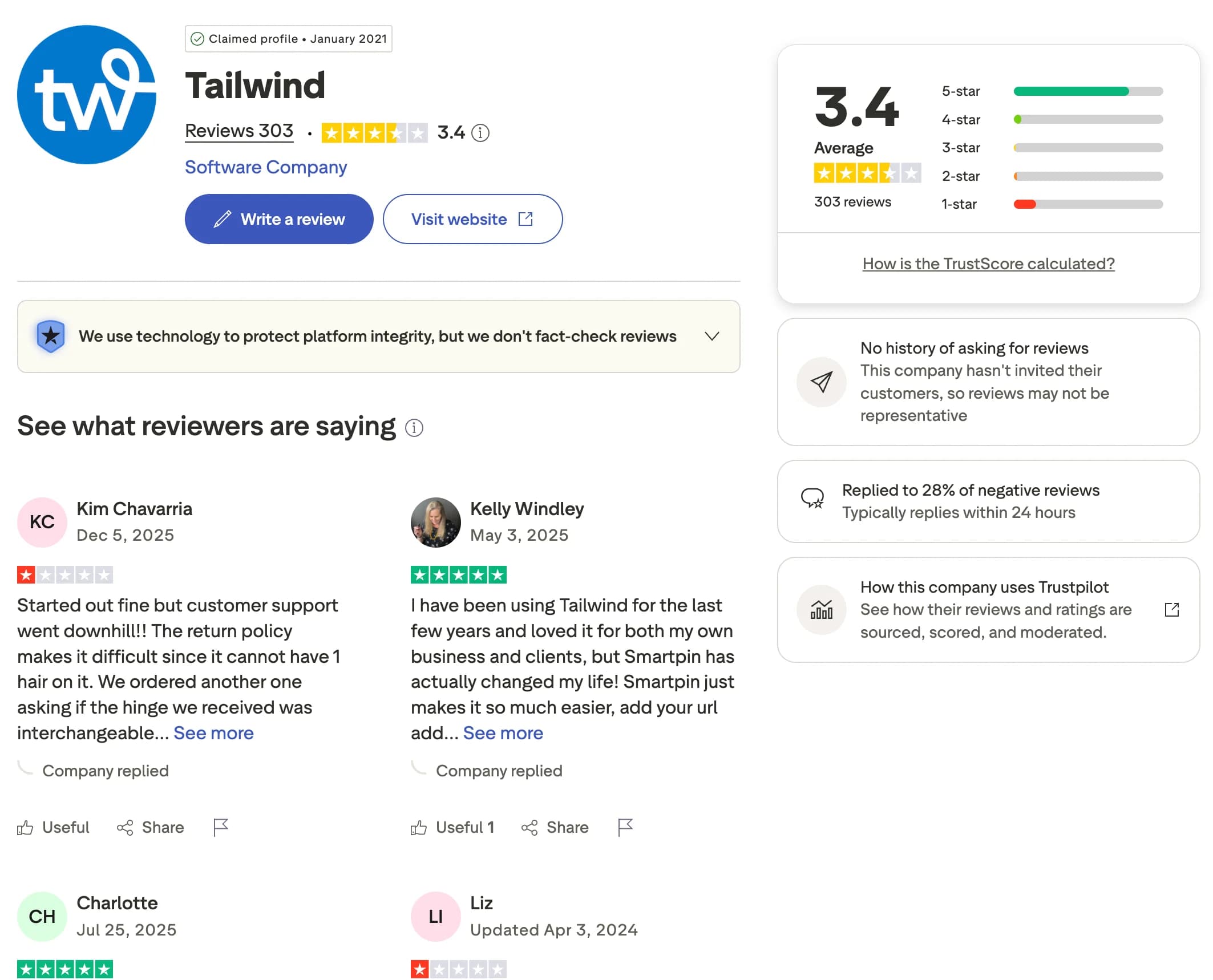 Tailwind profile and reviews on Trustpilot