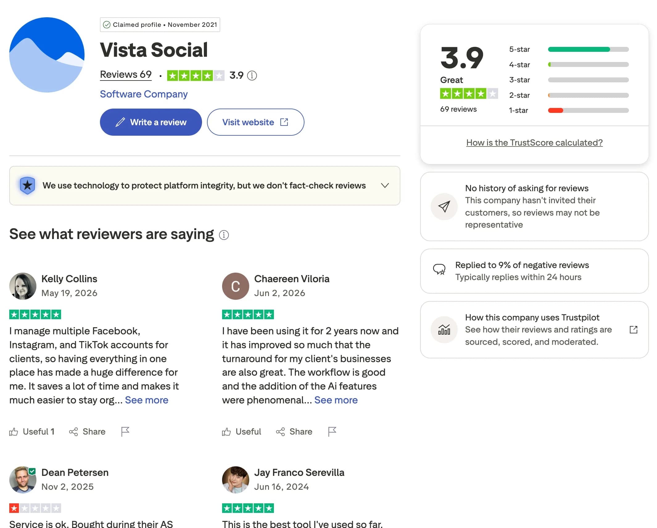 Vista Social profile and reviews on Trustpilot