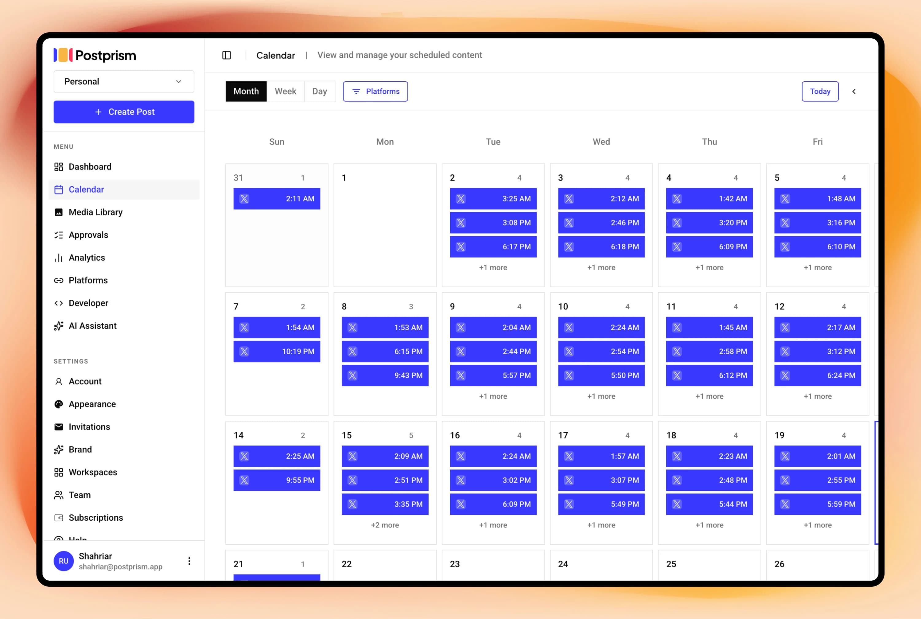Postprism content calendar: plan, schedule, and publish across platforms from one view