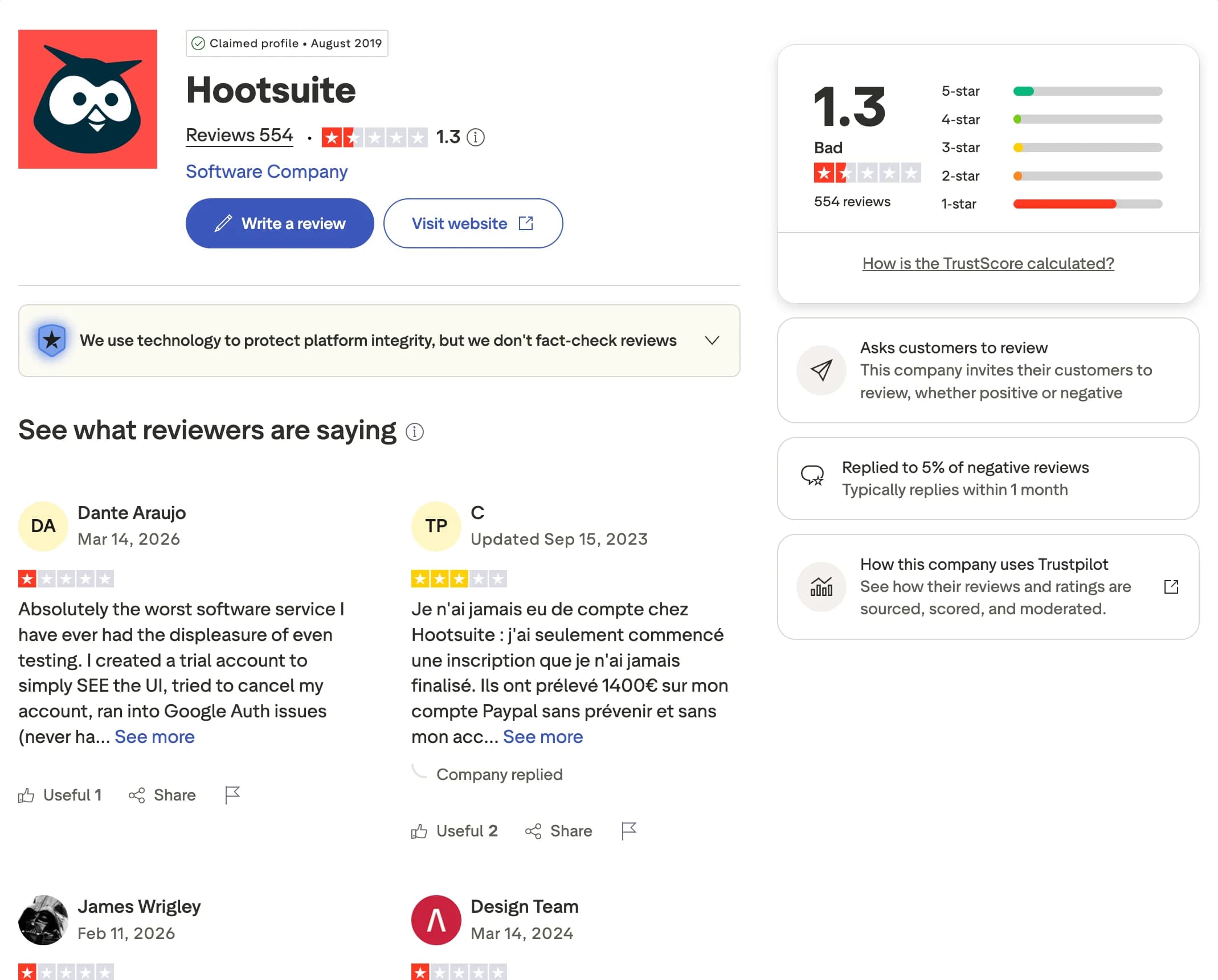 Hootsuite profile and reviews on Trustpilot