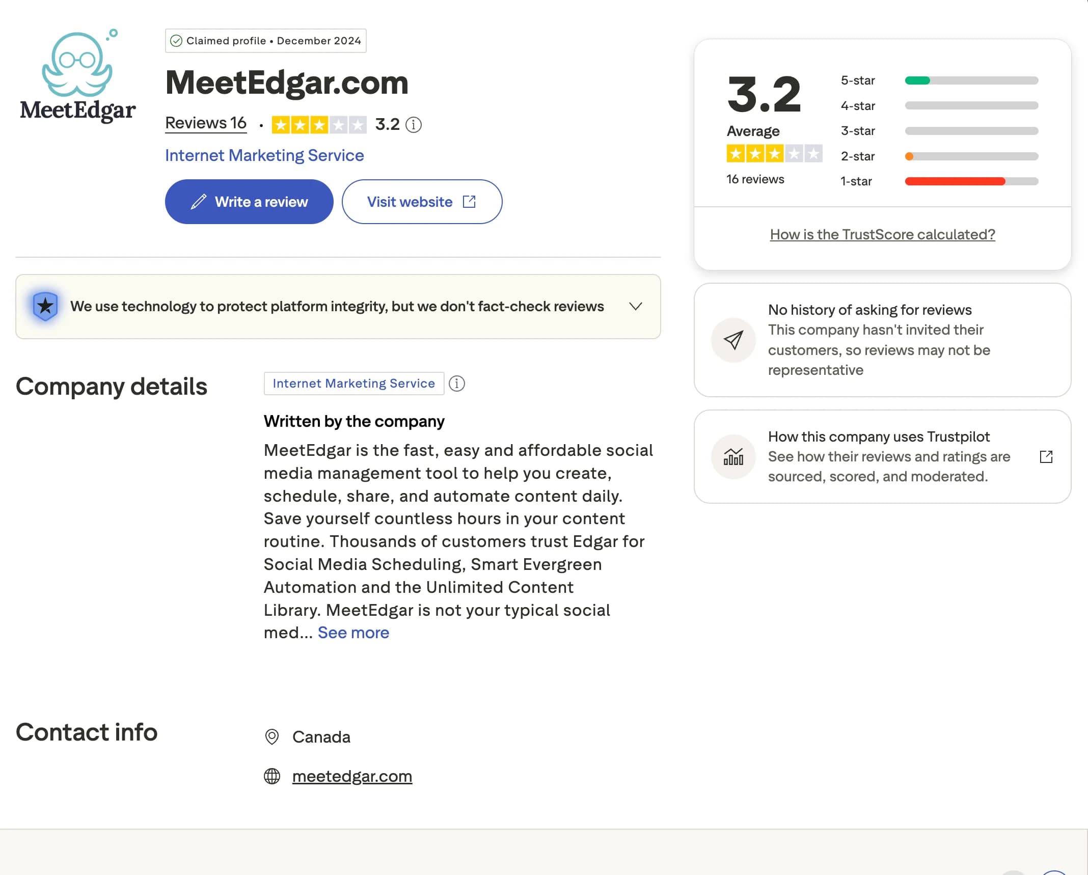 MeetEdgar profile and reviews on Trustpilot