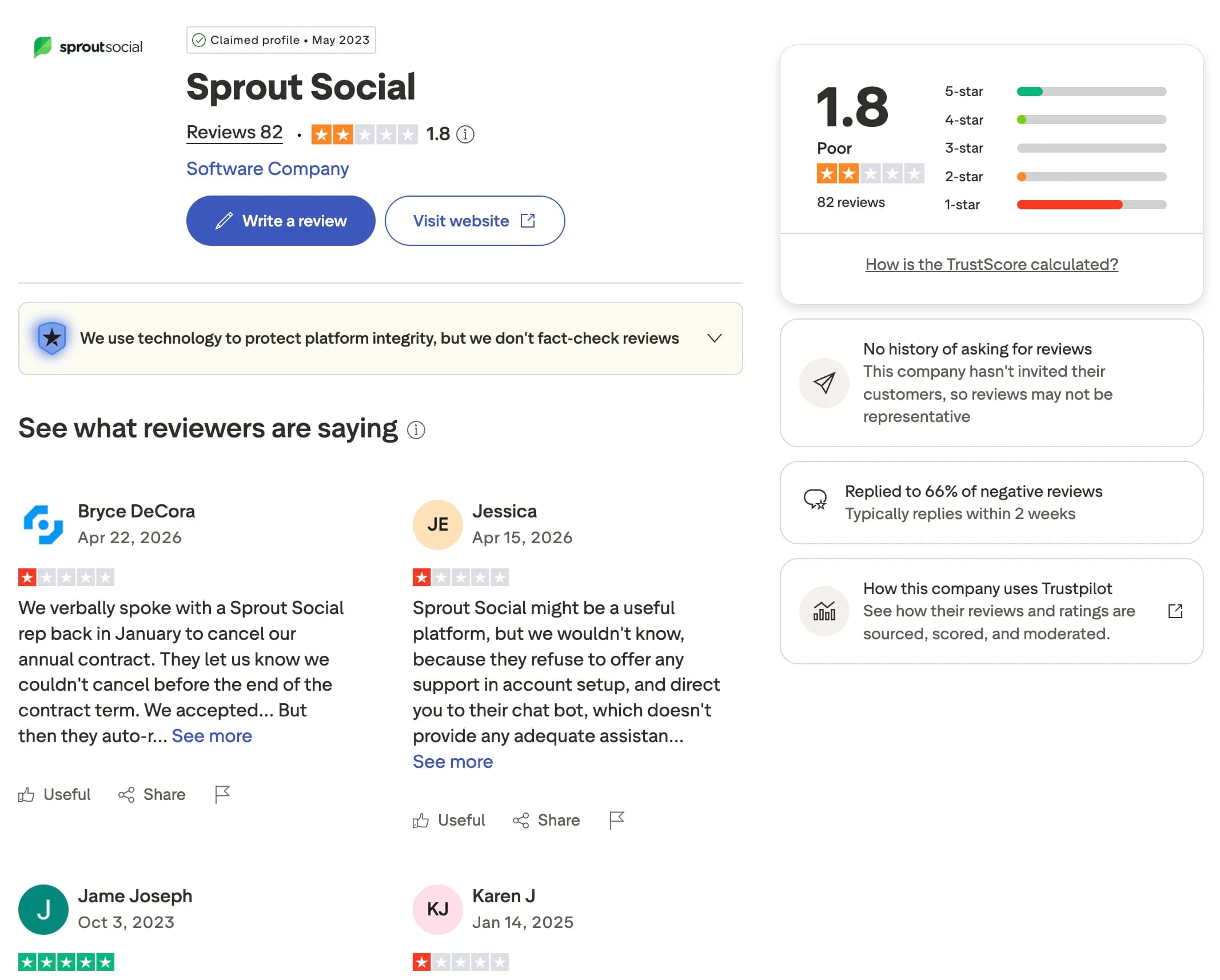 Sprout Social profile and reviews on Trustpilot