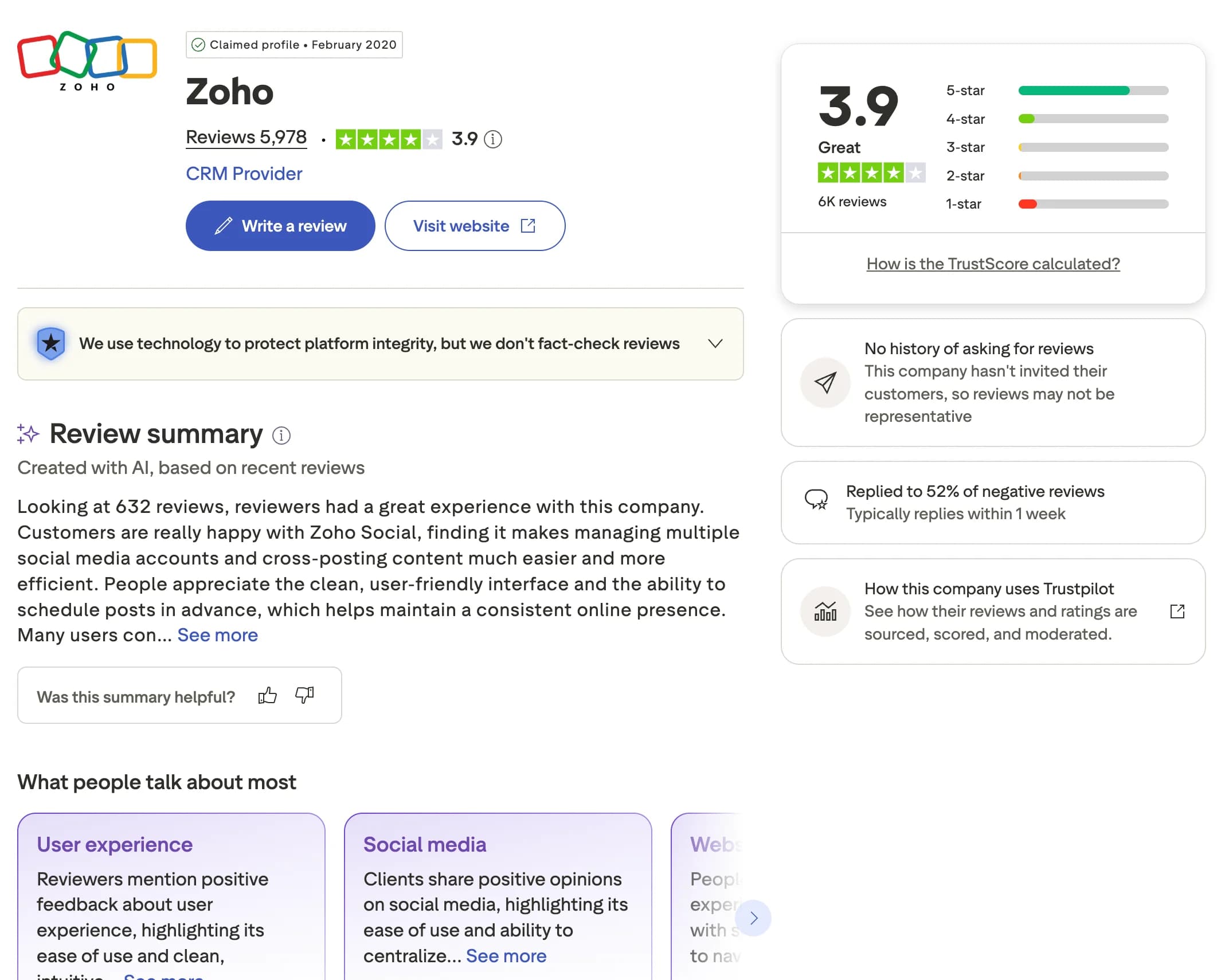Zoho profile and reviews on Trustpilot