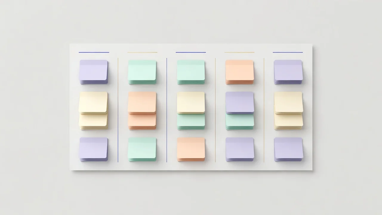 A populated content idea bank organized into labeled columns for questions, opinions, lessons, frameworks, and observations, with sticky-note style idea cards in each column