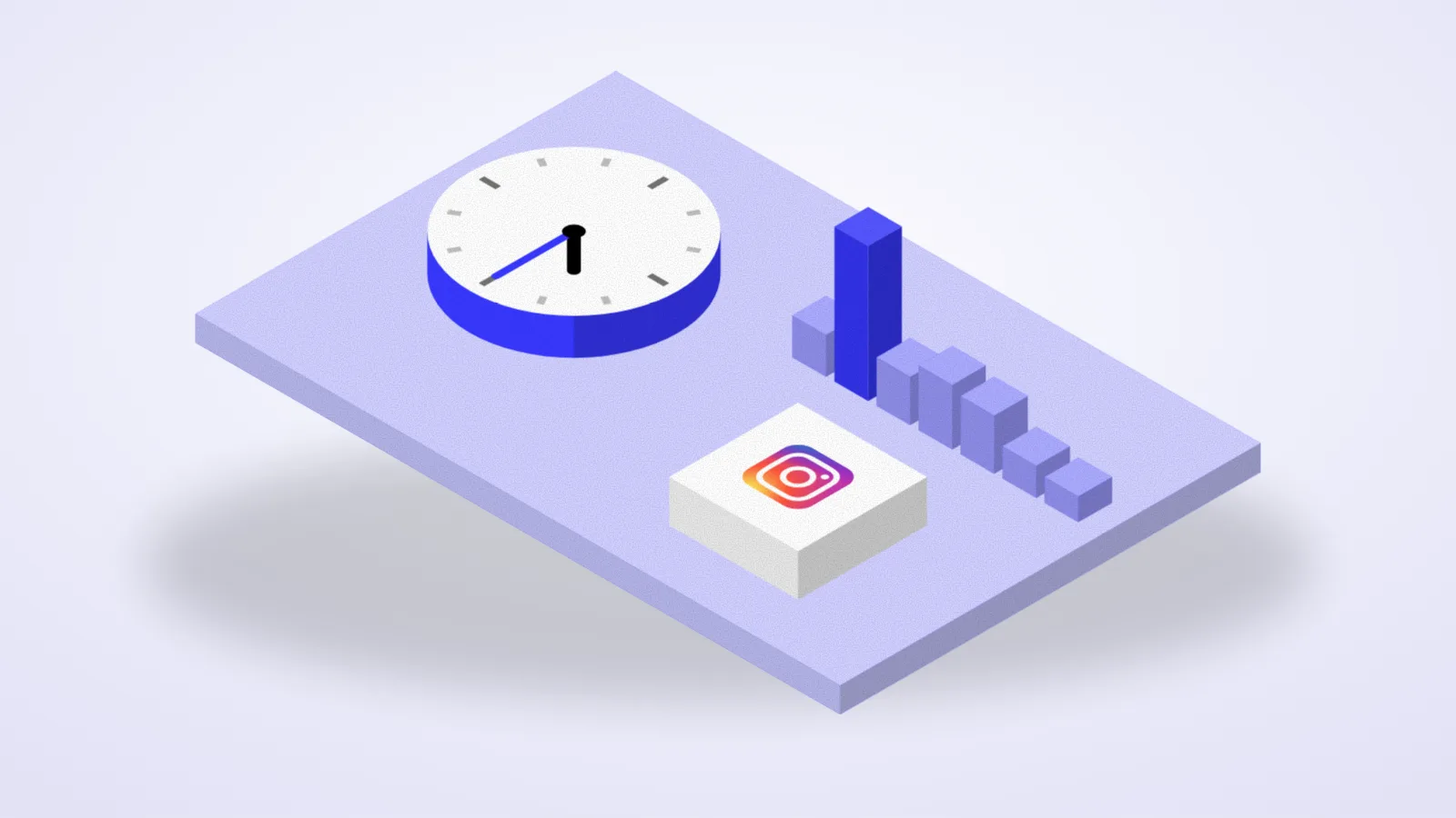 Isometric illustration of a clock beside a week of bars, with the best day raised and the Instagram logo