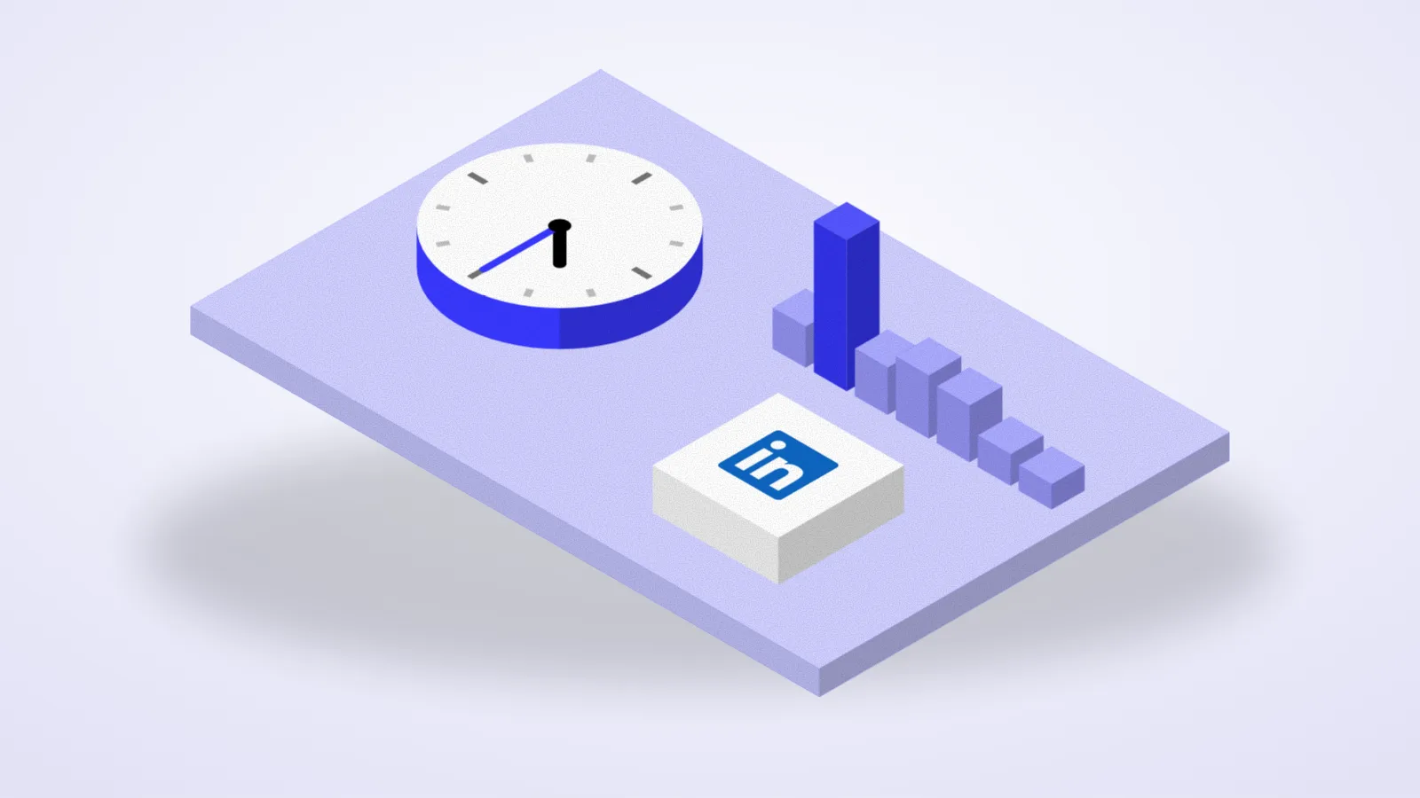Isometric illustration of a clock beside a week of bars, with the best day raised and the LinkedIn logo