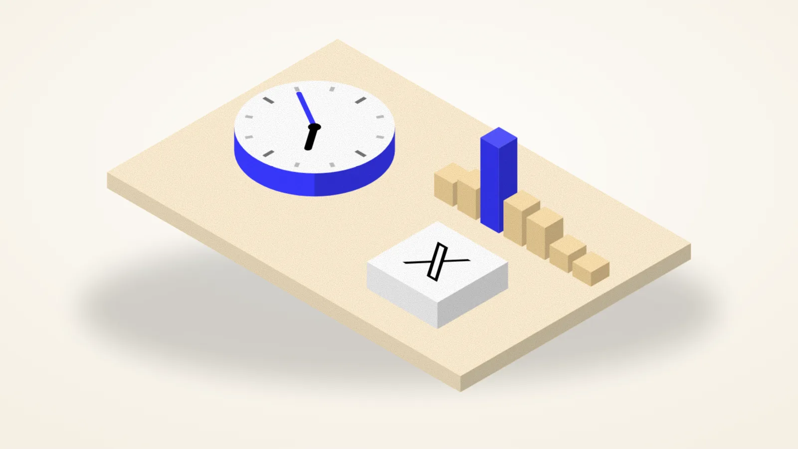 Isometric illustration of a clock beside a week of bars, with the best day raised and the X logo