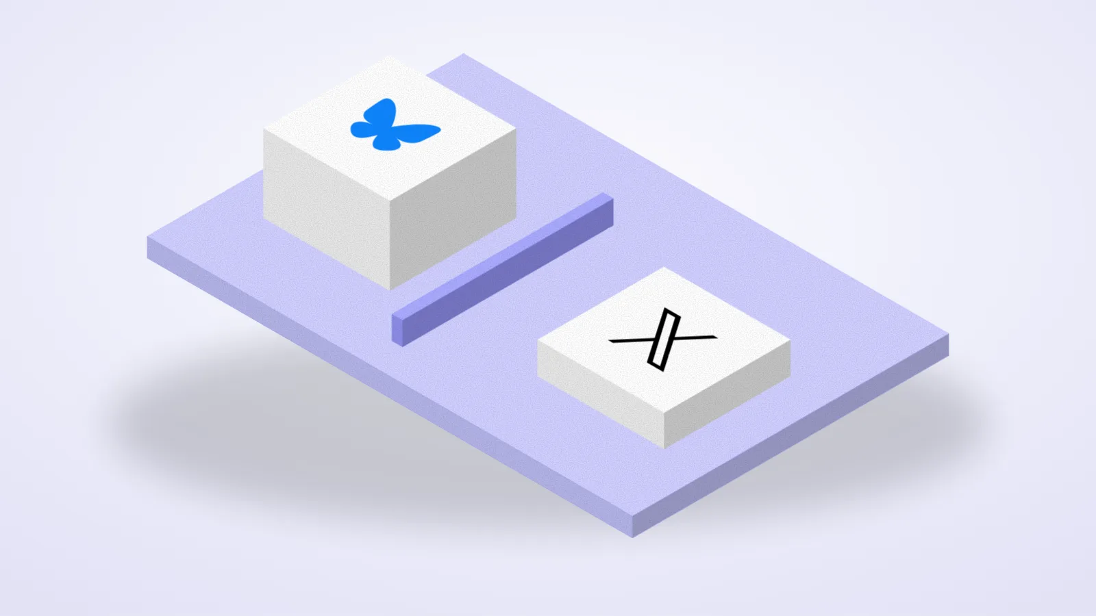 Isometric illustration comparing Bluesky and X on two blocks side by side