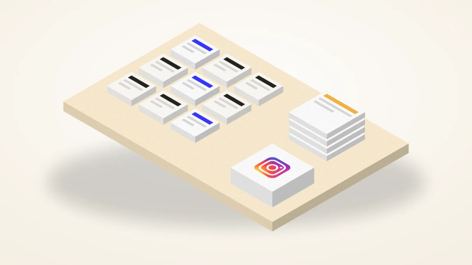 Isometric illustration of a grid of posts, with chosen posts stacked into a feed beside the Instagram logo