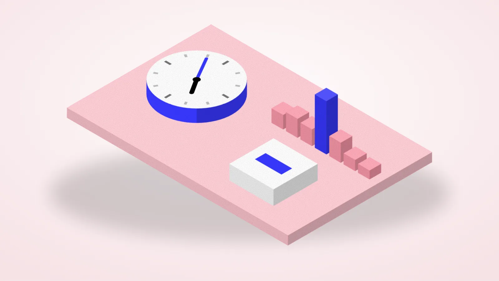 Isometric illustration of a clock beside a week of bars, with the best day raised