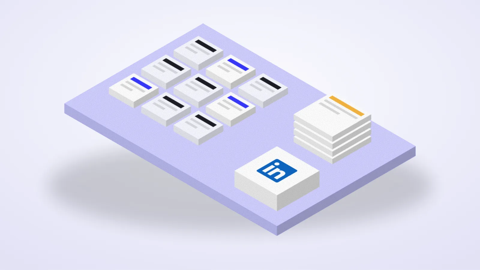 Isometric illustration of a grid of posts, with chosen posts stacked into a feed beside the LinkedIn logo