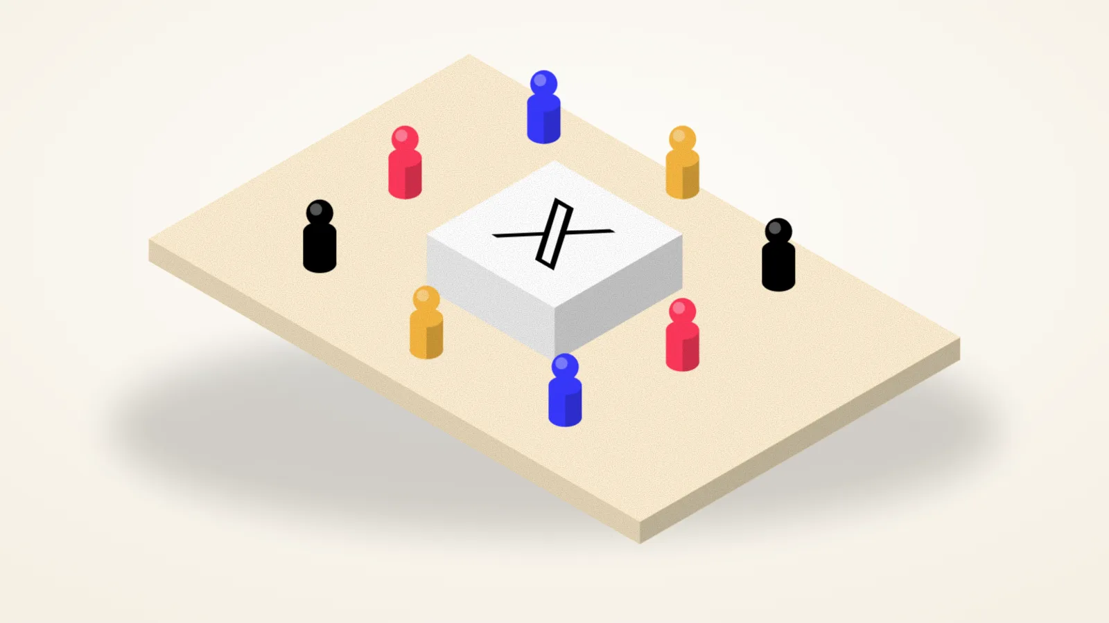 Isometric illustration of followers gathering around a X tile
