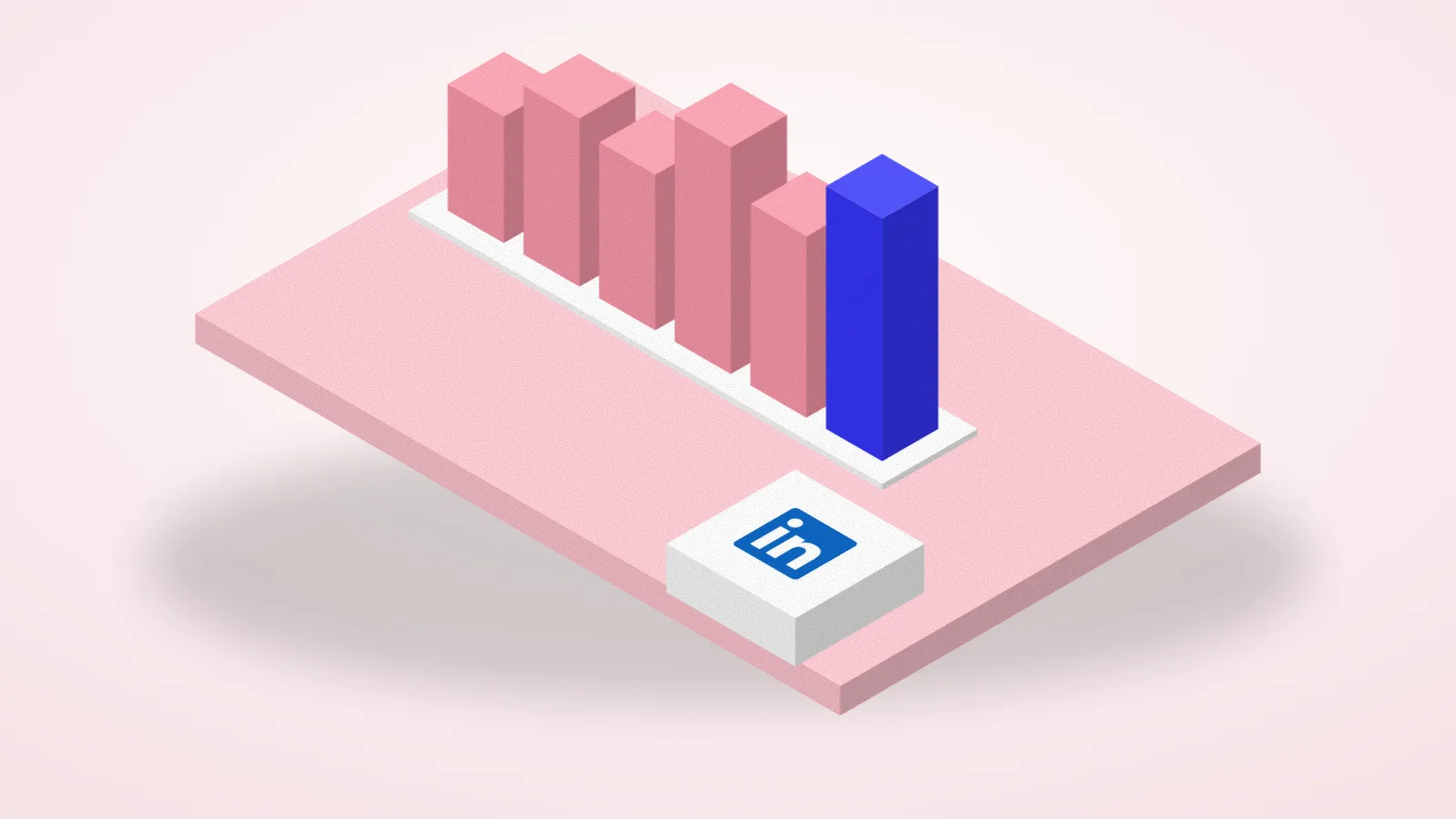Isometric illustration of a bar chart with one bar highlighted beside the LinkedIn logo