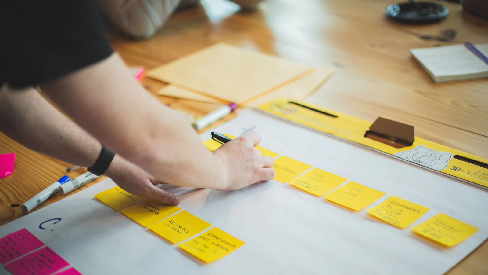 Team planning with sticky notes on a table