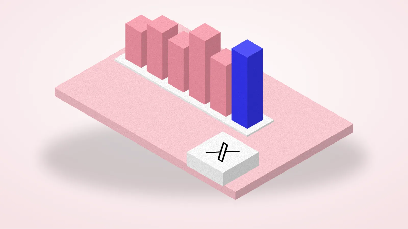 Isometric illustration of a bar chart with one bar highlighted beside the X logo