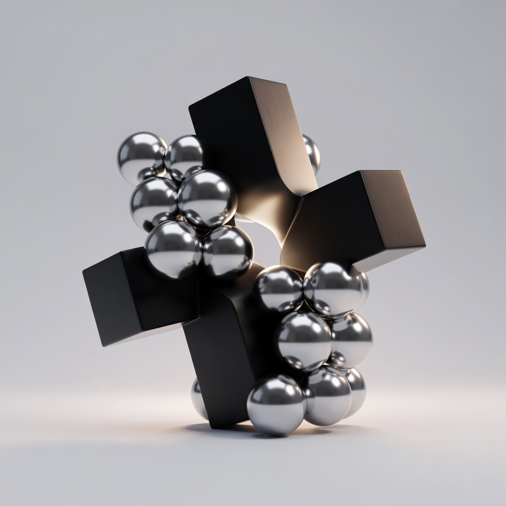Abstract 3D sculpture render with chrome spheres and matte black geometry