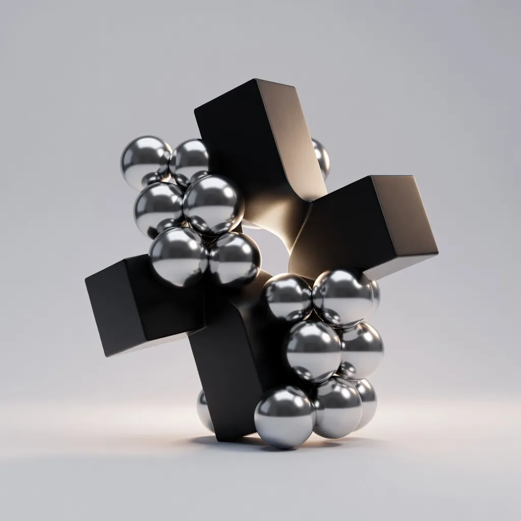 Abstract 3D sculpture render with chrome spheres and matte black geometry