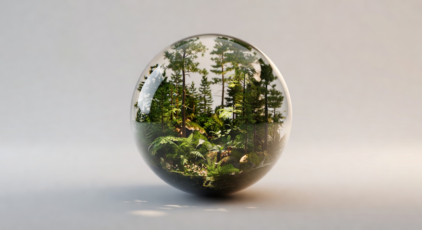 Photorealistic 3D render of a glass sphere with a miniature forest inside