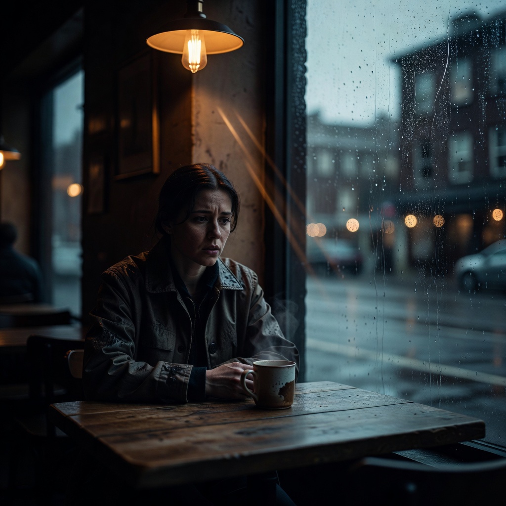 Cinematic rainy cafe portrait with warm-cool color contrast