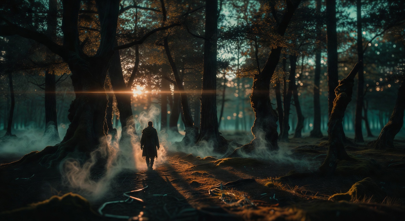 Cinematic forest scene with anamorphic lens flare and teal-orange grade