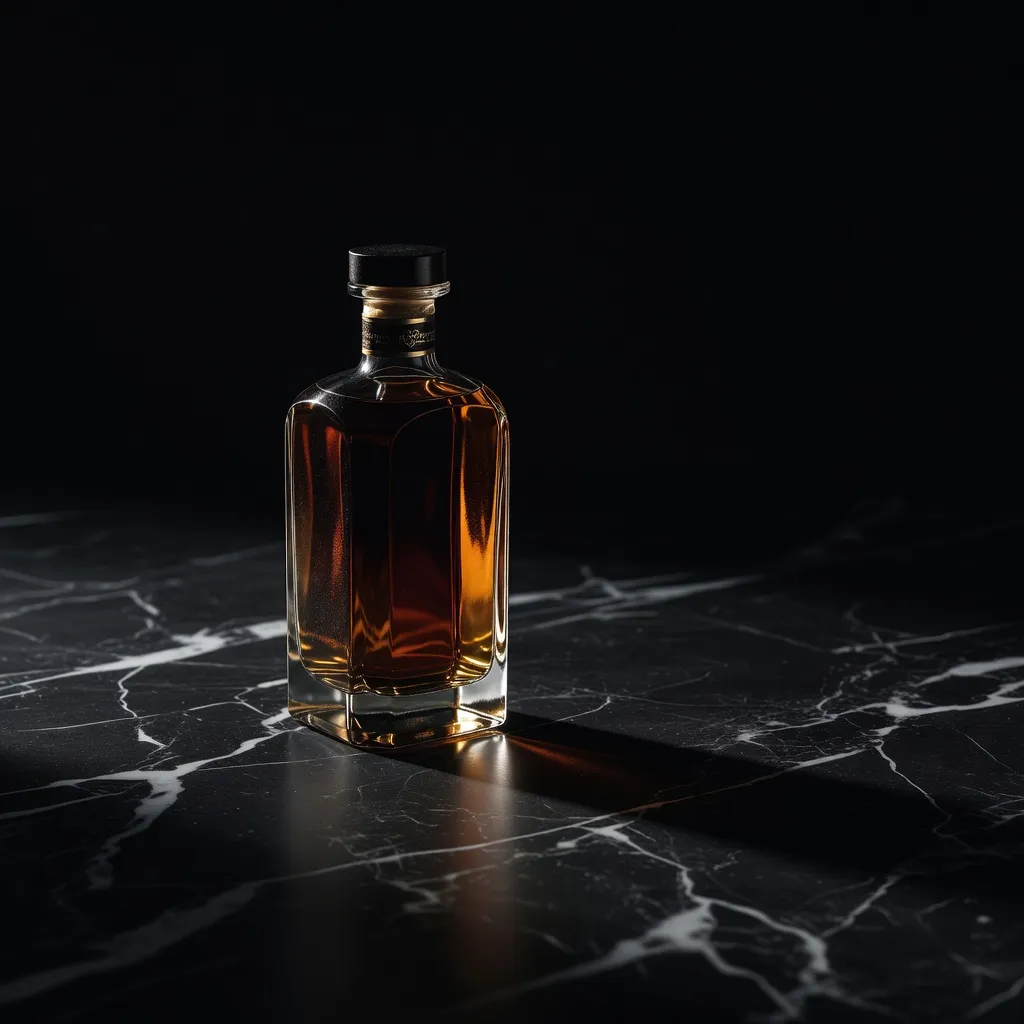 Dark luxury whiskey bottle on black marble with dramatic lighting