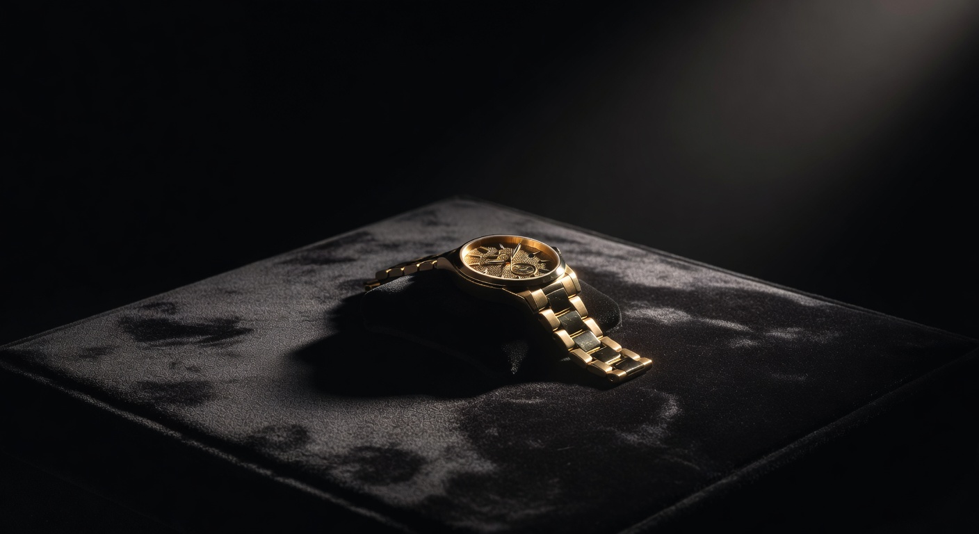 Dark luxury product photo of gold watch on black velvet