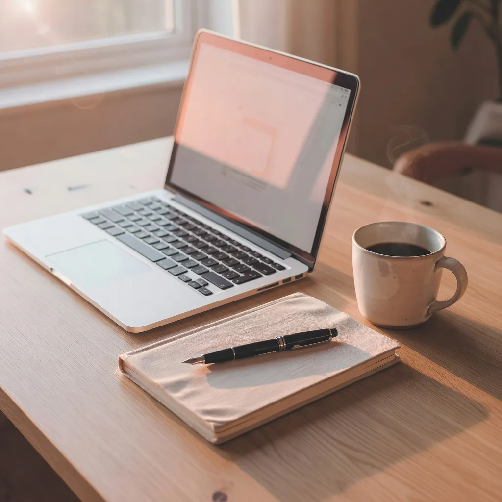 Soft editorial tech workspace flatlay with natural light