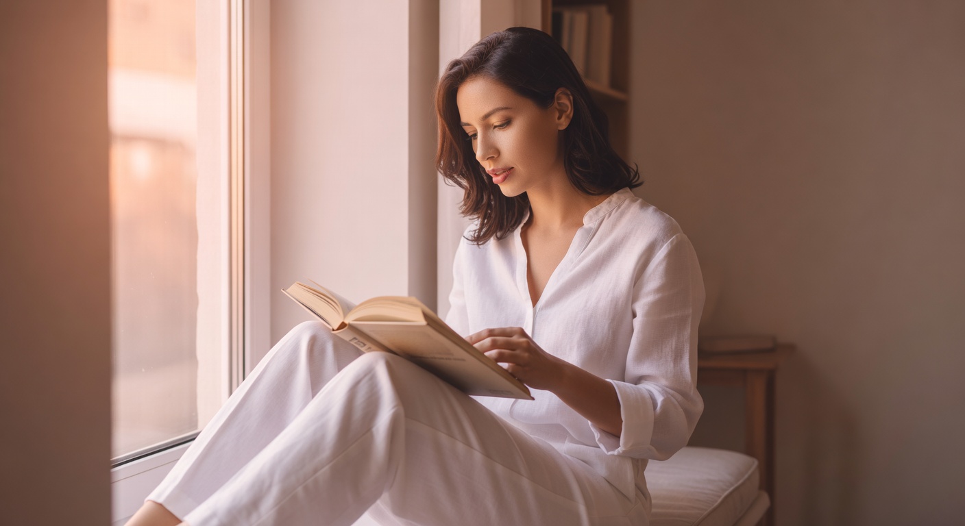 Soft editorial lifestyle photo of woman at sunlit window