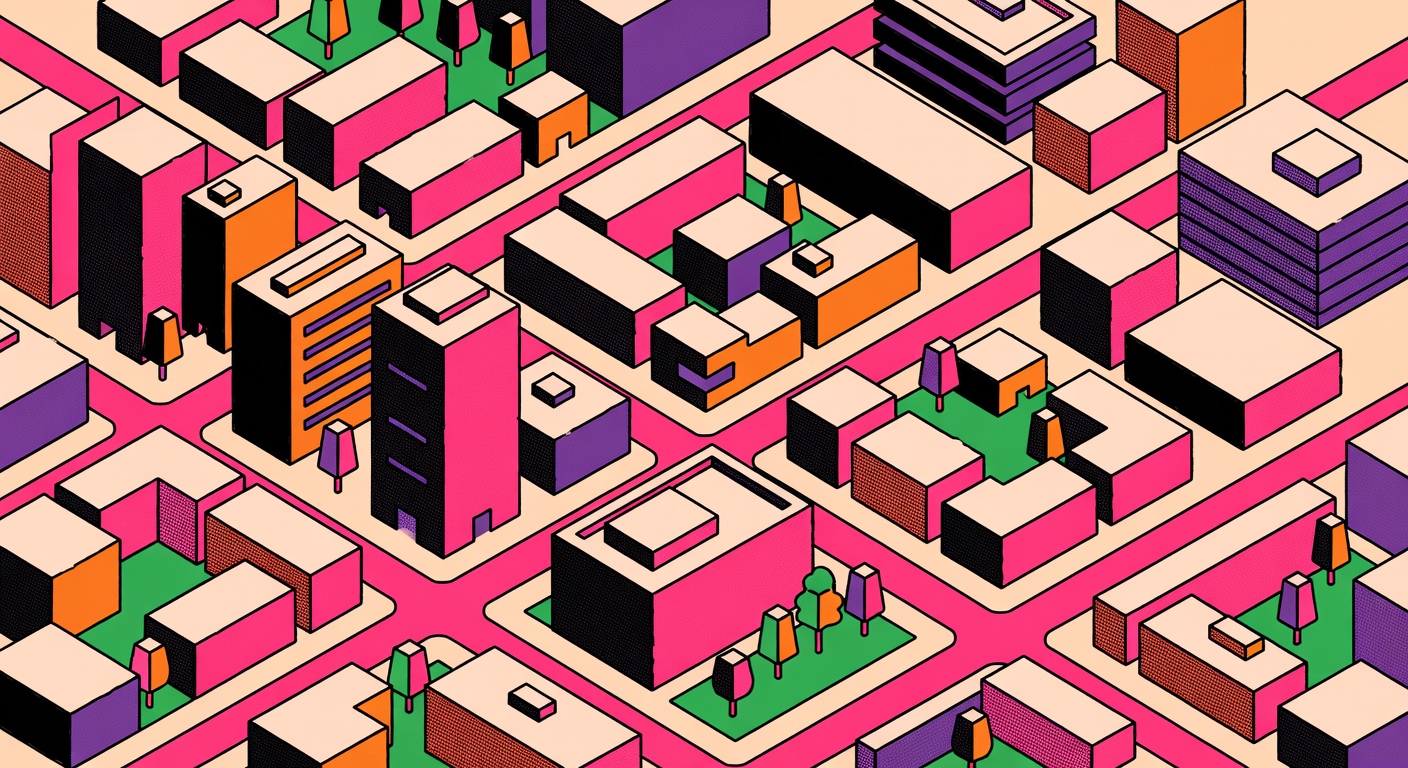 Isometric illustration of a city block with geometric buildings and roads