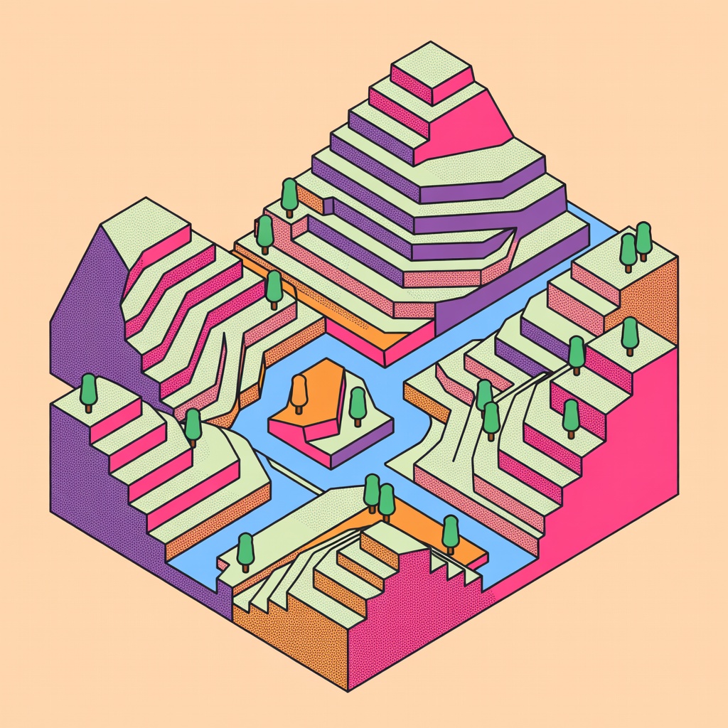 Isometric mountain landscape with geometric terrain
