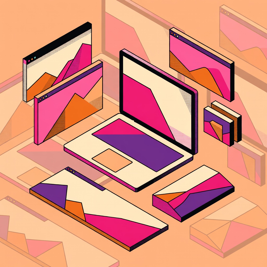 Isometric laptop with floating UI windows and charts