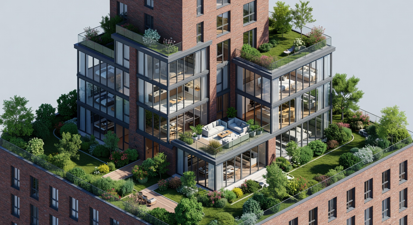 Photorealistic isometric apartment building with detailed interiors