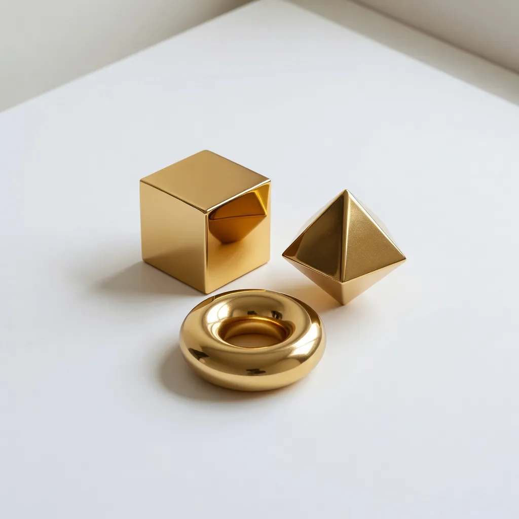 Photorealistic isometric metallic geometric objects on white