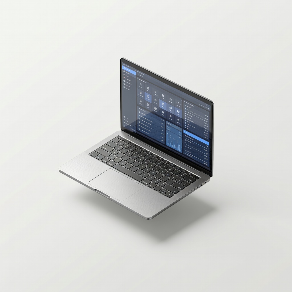 Photorealistic isometric laptop with brushed aluminum and glass