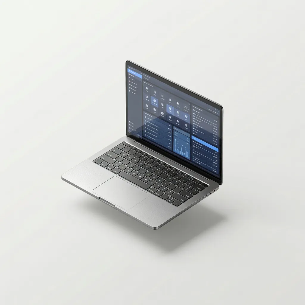 Photorealistic isometric laptop with brushed aluminum and glass