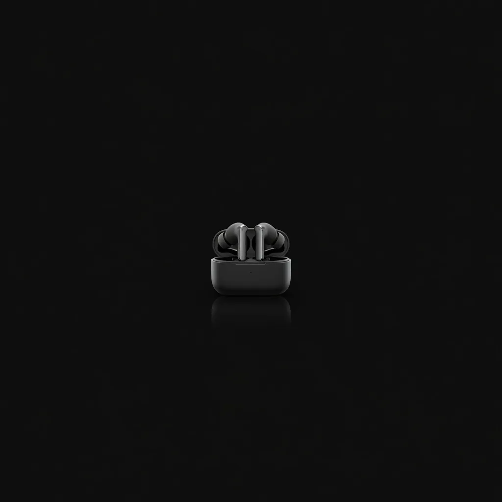 Minimal studio photo of wireless earbuds on black background