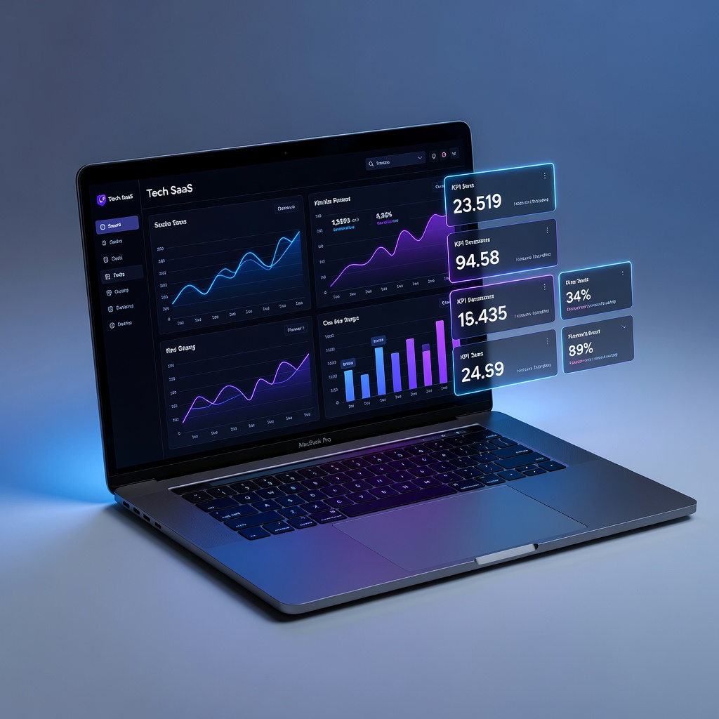 SaaS product on MacBook Pro with dark mode dashboard